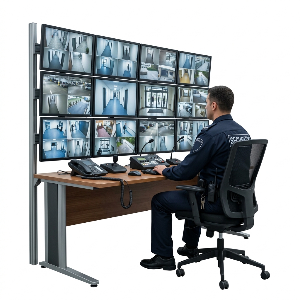 Security guard monitoring a wall of CCTV camera screens