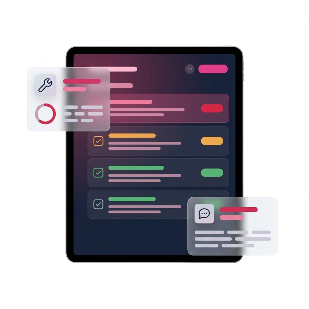 Maintenance task list on a tablet with status chips, progress ring and chat
