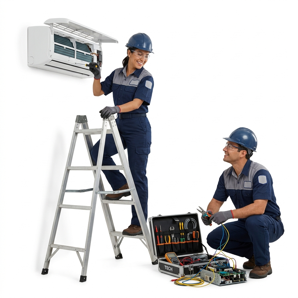 Technicians repairing an air conditioner and electronic equipment